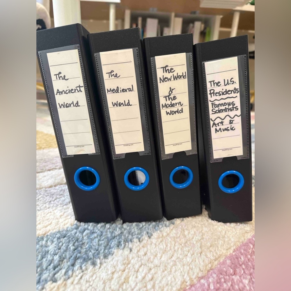 Classical Conversations timeline cards in CC Binders with plastic sleeves